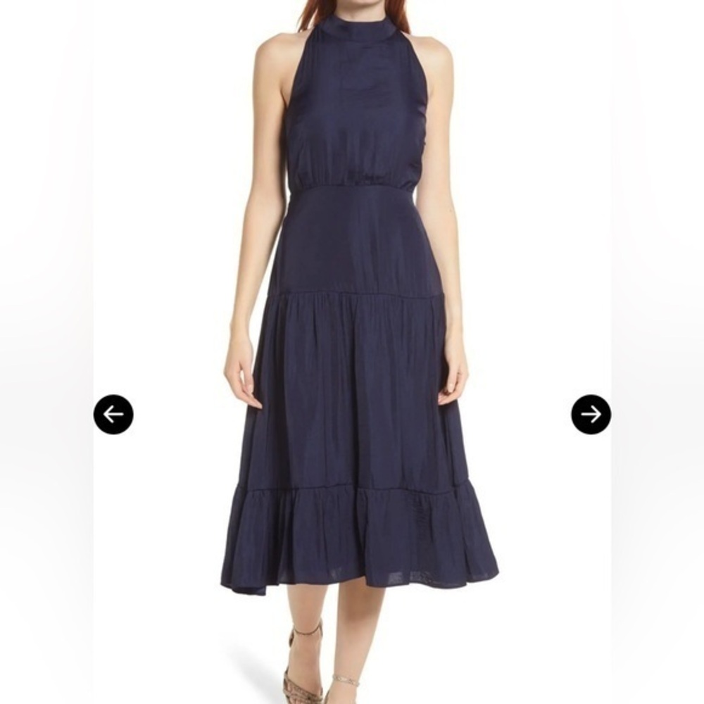 Black Tape High Neck Tie Sleeveless Midi Dress